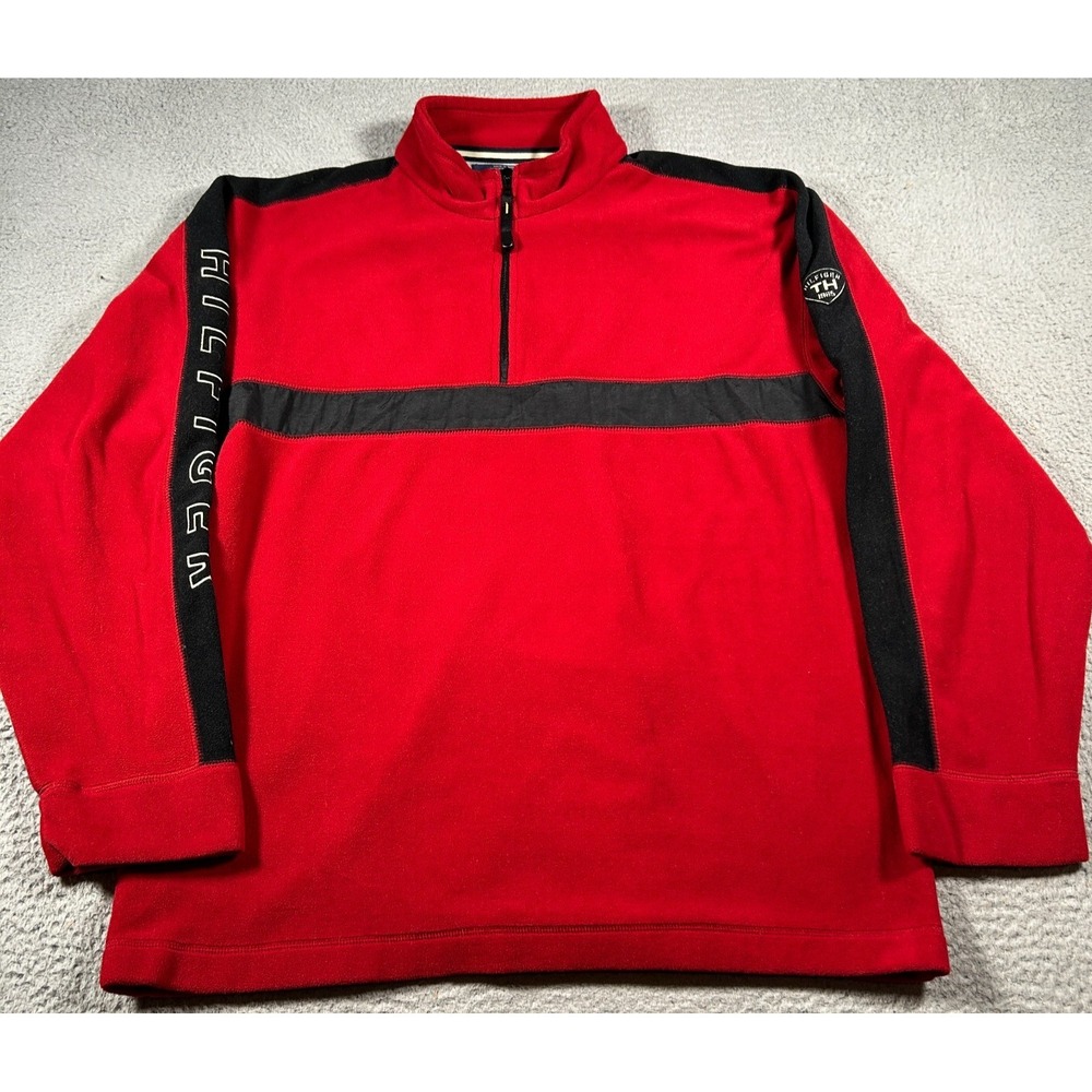 Vintage Tommy Hilfiger Sweatshirt Mens 2XL Red Fleece Spellout‎ 1/4 Zip Pullover